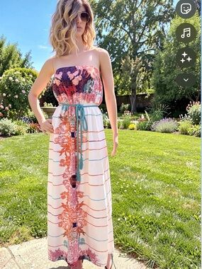 West 36th Floral Green and Coral Strapless Sundress Elastic Waist Rope Belt Sz M
